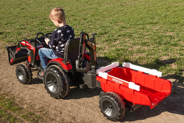 Electric tractor TOP-WORKER 12V with buckets and trailer, Single seat, red, soft PU seat, MP3 Player