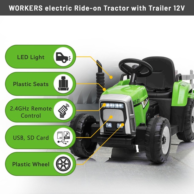Electric Tractor WORKERS with trailer, green, Rear wheel drive, Lithium Battery, Plastic wheels, wid