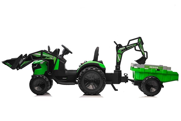 Electric tractor TOP-WORKER 12V with buckets and trailer, Single seat, green, soft PU seat, MP3 Play