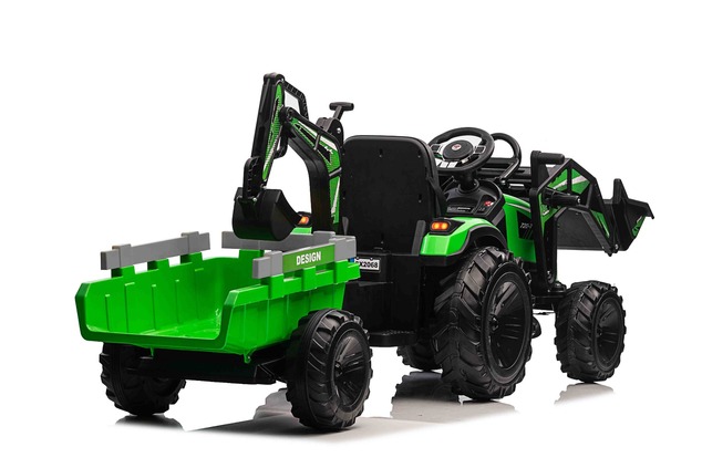 Electric tractor TOP-WORKER 12V with buckets and trailer, Single seat, green, soft PU seat, MP3 Play