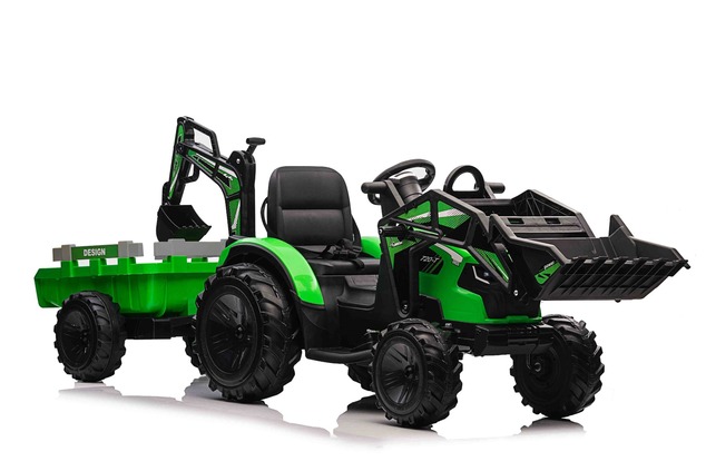 Electric tractor TOP-WORKER 12V with buckets and trailer, Single seat, green, soft PU seat, MP3 Play