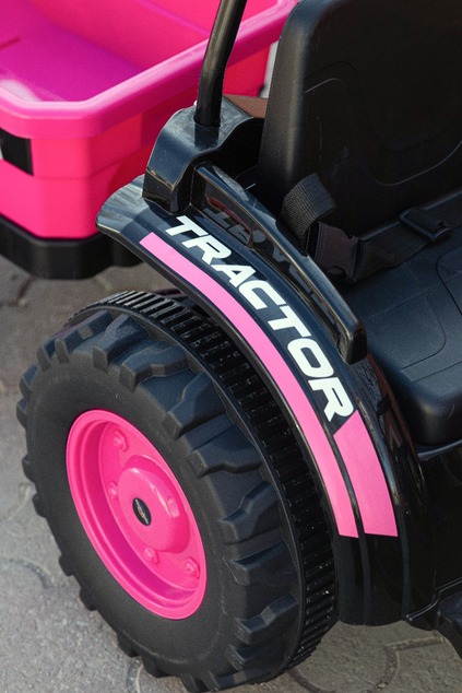 Electric Tractor POWER with trailer, pink, Rear wheel drive, 12V battery, Plastic wheels, wide seat,