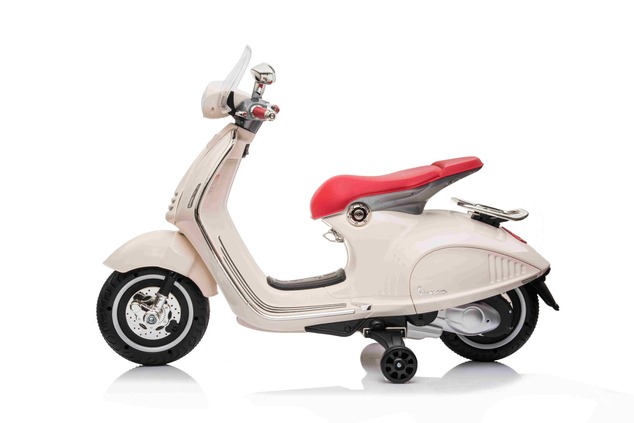 Electric ride-on Scooter Vespa 946 with reverse gear, white, Licensed, auxiliary wheels, Lithium ba