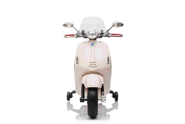 Electric ride-on Scooter Vespa 946 with reverse gear, white, Licensed, auxiliary wheels, Lithium ba