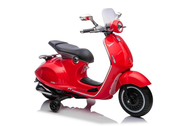 Electric ride-on Scooter Vespa 946 with reverse gear, red, Licensed, auxiliary wheels, Lithium batt