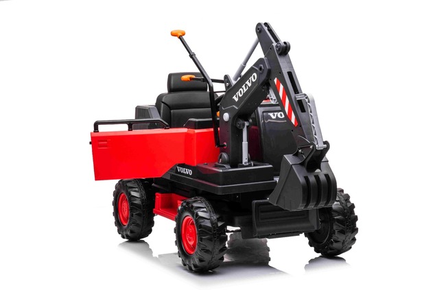 Electric ride-on car Volvo Excavator 12V with front digger ladle, Single seat, red, soft leatherette