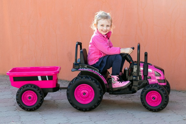 Electric Tractor POWER with trailer, red, Rear wheel drive, 12V battery, Plastic wheels, wide seat, 