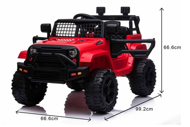 Auto elettrica fuoristrada con trazione posteriore, rossa, batteria 12V, chassis rialzato, sedile am