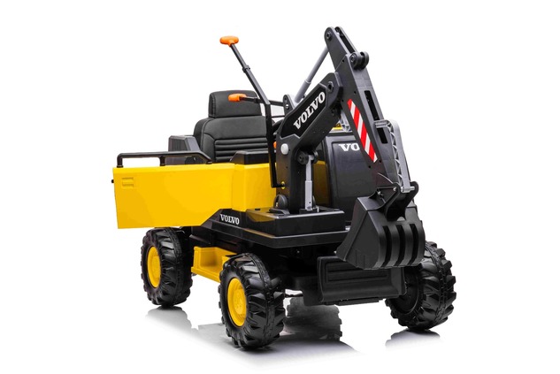 Electric ride-on car Volvo Excavator 12V with front digger ladle, Single seat, yellow, soft leathere