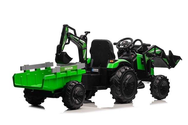 Electric tractor TOP-WORKER 12V with buckets and trailer, Single seat, green, soft PU seat, MP3 Play
