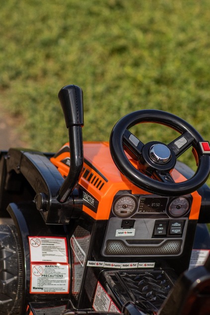 Tracteur électrique enfant FARMER avec godet et remorque, orange, traction arrière, batterie 6V, rou