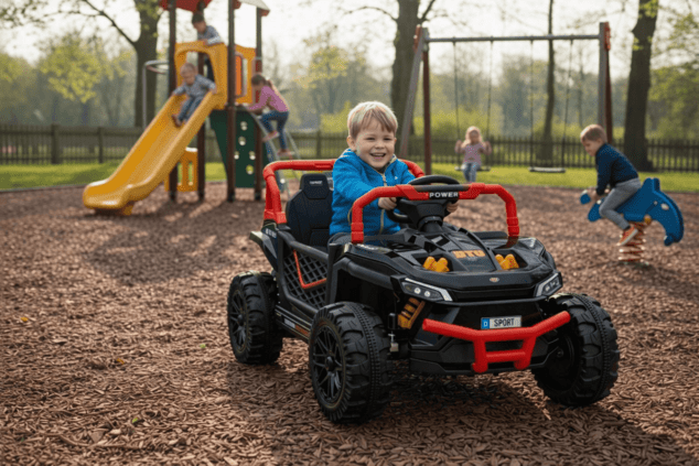 Electric ride-on car UTV Small 12V, black, Rear wheel drive, 12V battery, Plastic wheels, Wide doubl