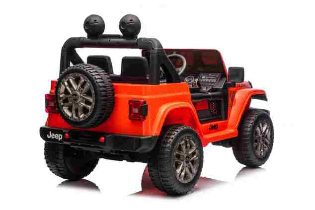 JEEP Wrangler elektrické autíčko pro děti, Oranžová, Dvoumístné kožené sedadlo, Rádio s Bluetooth a USB vstupem, 4x4