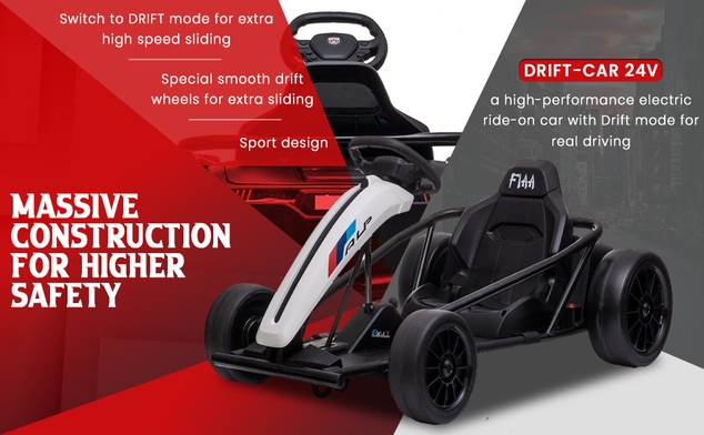 Drift Kart DRIFT-CAR 24V, White, Smooth Drift wheels, 2 x 350W Motor, Drift mode at 13 Km / h, 24V B