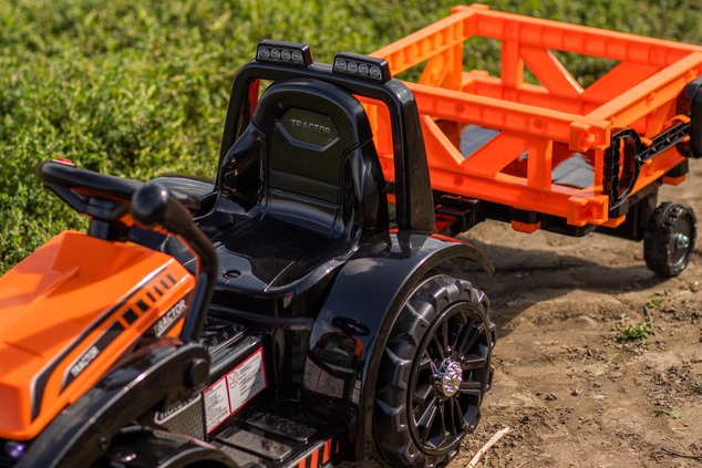 Tracteur électrique enfant FARMER avec godet et remorque, orange, traction arrière, batterie 6V, rou