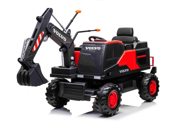 Electric ride-on car Volvo Excavator 12V with front digger ladle, Single seat, red, soft leatherette