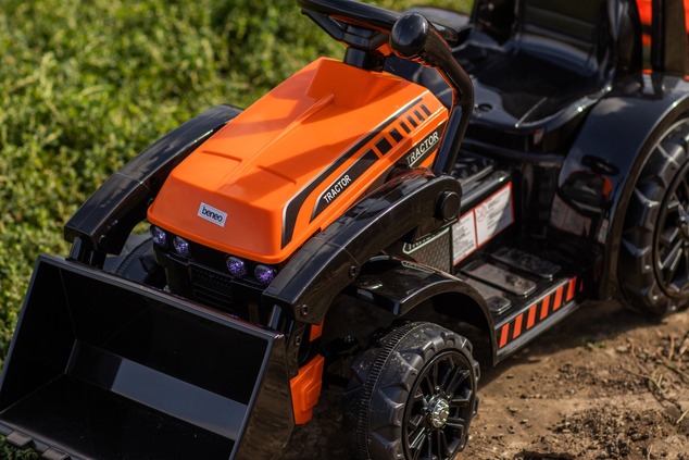 Tracteur électrique enfant FARMER avec godet et remorque, orange, traction arrière, batterie 6V, rou