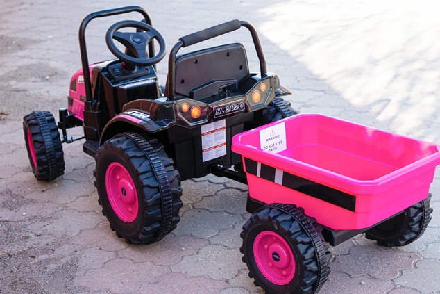 Electric Tractor POWER with trailer, pink, Rear wheel drive, 12V battery, Plastic wheels, wide seat,