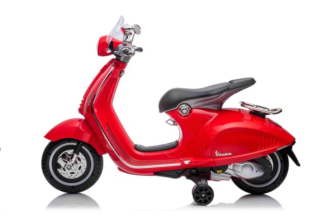 Electric ride-on Scooter Vespa 946 with reverse gear, red, Licensed, auxiliary wheels, Lithium batt