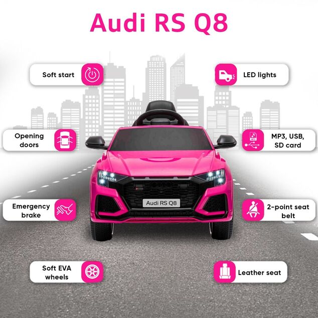 **Voiture électrique enfant Audi RSQ8 rose | Entrée USB/SD | Siège en cuir | 2 × 35 W | Batterie 12 